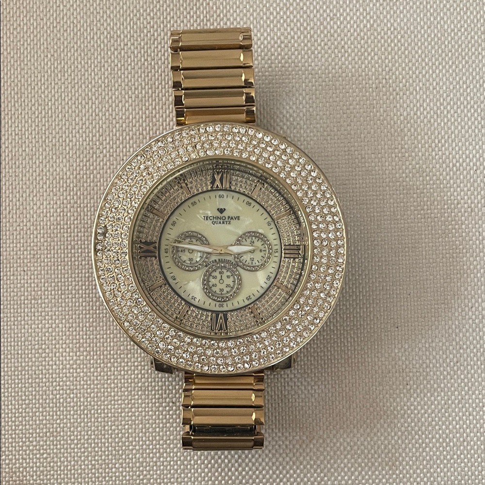 Techno Pave Quartz Gold Watch with Crystal Detailing